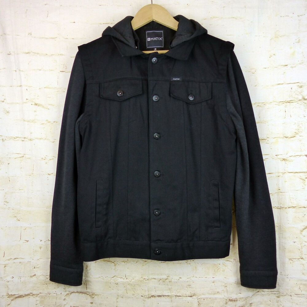 Matix Trucker Jacket Mens M Black Denim Removable Hoodie Charcoal Sleeves Skate